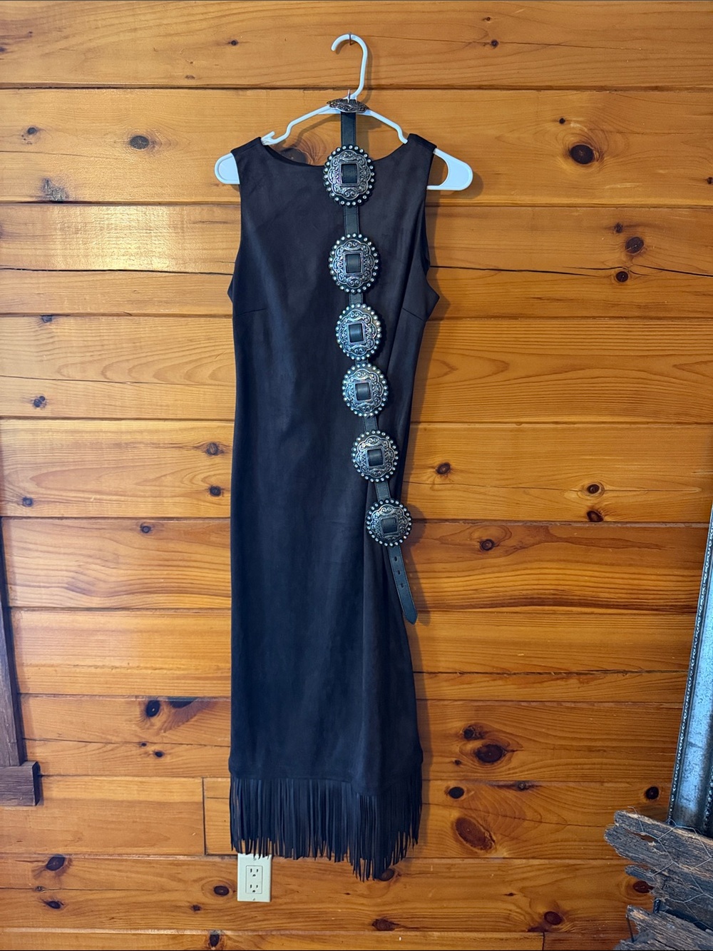 Brown Suede Sleeveless Dress with Faux Leather Fringe **<BELT NOT INCL>**